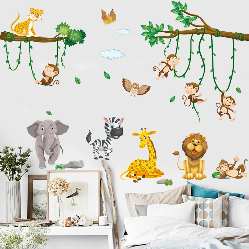 Large Cute Forest Animals Wall Stickers for Children Boys Girls Baby Room Decoration Elephant Giraffe Monkey Butterfly Wallpaper