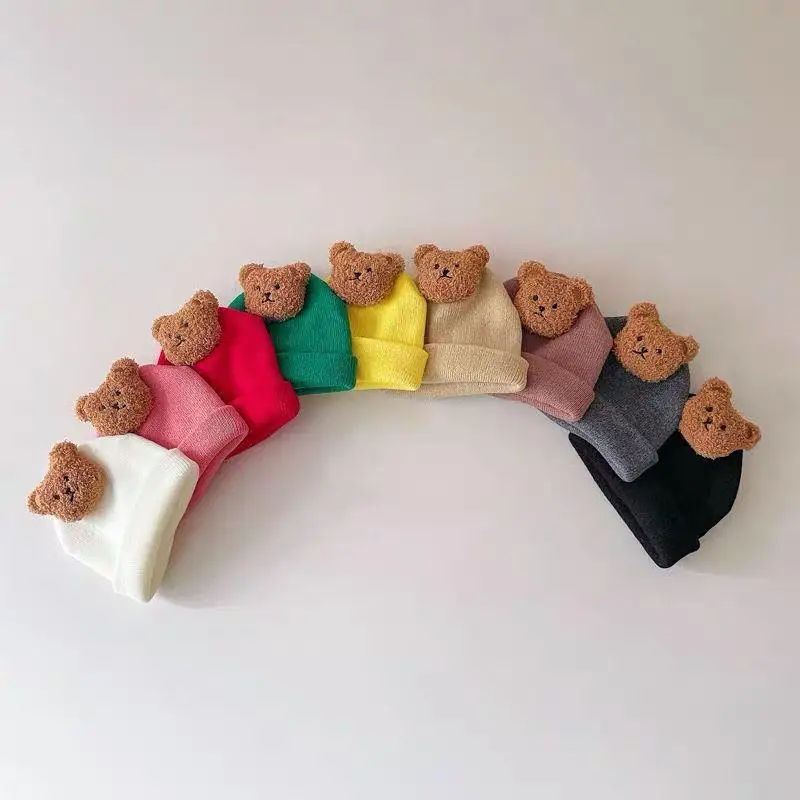 Urso bonito gorro de malha para bebê recém-nascido, boné infantil, chapéus macios de crochê, cor sólida, coreano, menina, menino, outono, inverno