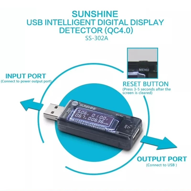 SUNSHINE SS-302A Digital Dispay USB Tester Current Voltage Charger Capacity Doctor Quick Charge Power Bank Meter Voltmeter