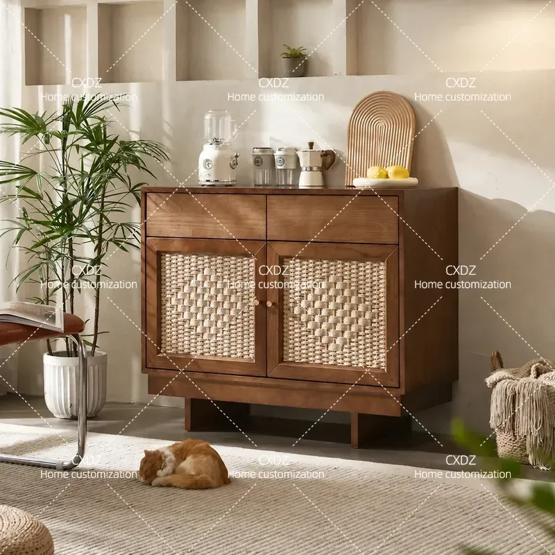 Solid Wood Dining Side Cabinet Modern Living Room Tea Cabinet Japanese Rattan Entrance TV Cabinet Locker Storage