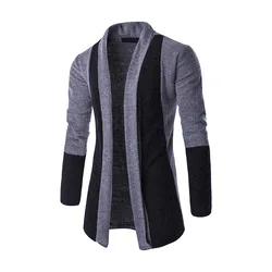 Bloco de cores masculino patchwork malha camisola solta, casaco longo, cardigan, Top Outwear, plus size, outono, inverno