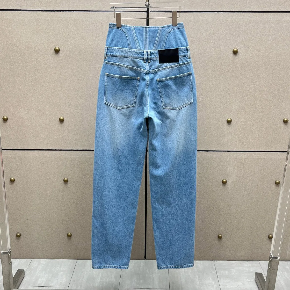 High Quality Women High Waist Jeans Fake Double Waistband Vintage Wash Wide Leg Straight Denim Long Pants