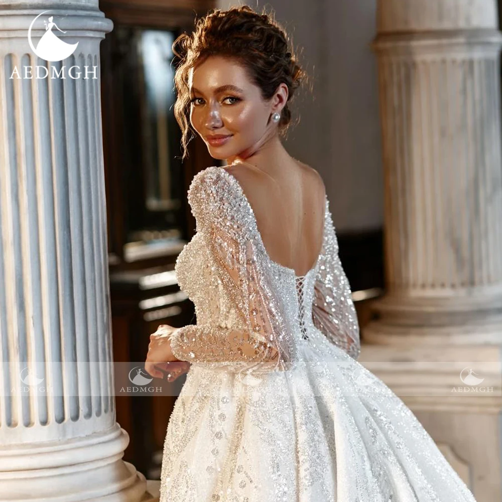 Aedmgh Ball Gown Royal Luxury Wedding Dresses 2024 O-Neck Long Sleeve Vestido De Novia Lace Embroidery Glamorous Robe De Mariee