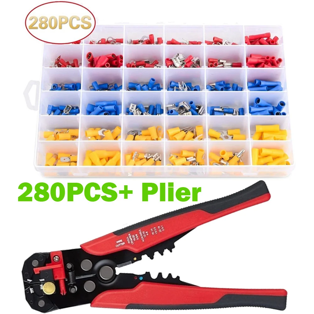 

280PCS Assorted Spade Terminal Insulated Spade Terminal Connectors Crimp Terminal Kit with 1PC Wire Crimp Plier