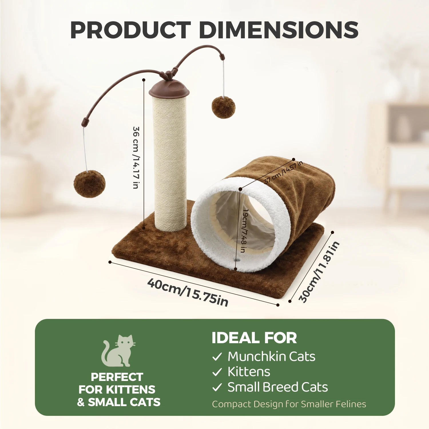 Multi-Functional Cat Tree with Sisal Scratching Post Tunnel Bed And Hanging Pom-Pom Toys Indoor Activity Center for Kittens