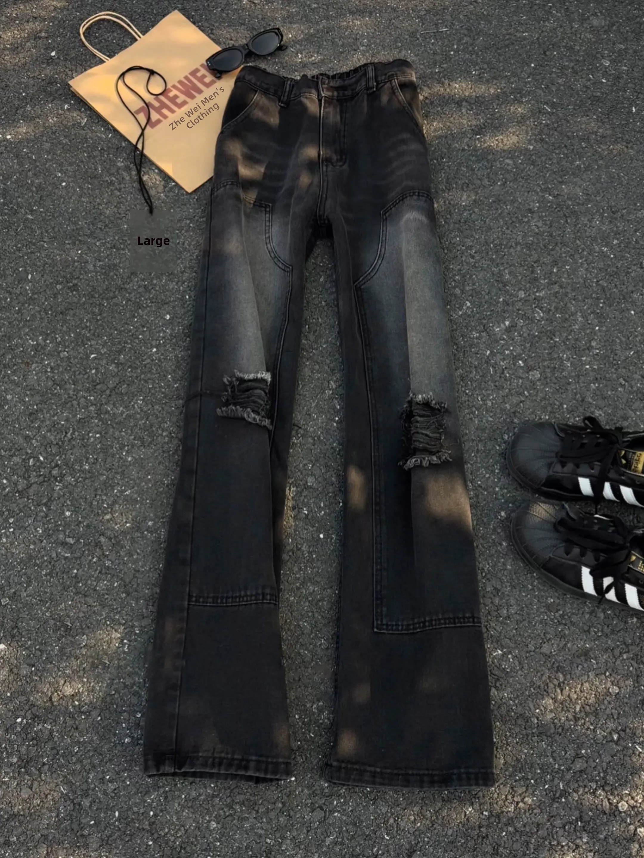 

Black Deconstructed Fake Hole Jeans Men's Spring Autumn Trendy Hiphop Pants American High Street Handsome Flared Pants
