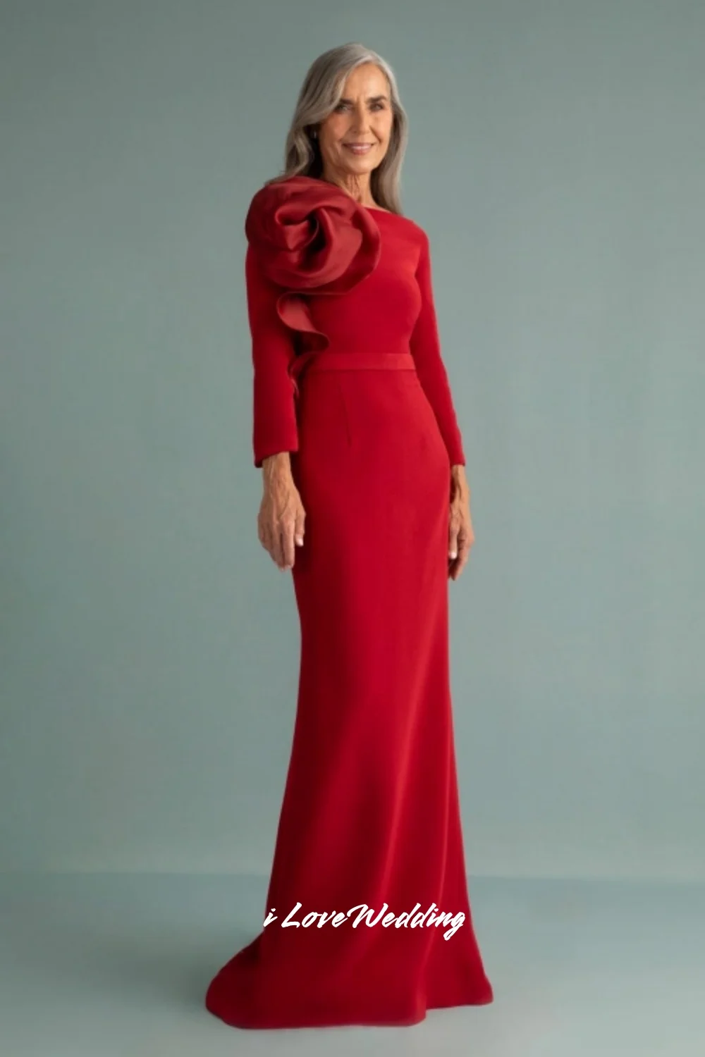 

Red O-Neck Evening Dresses 2025 Satin Long Sleeve Flower Mermaid Pleated Sweep Train Floor-Length Wedding Party Dress Customized