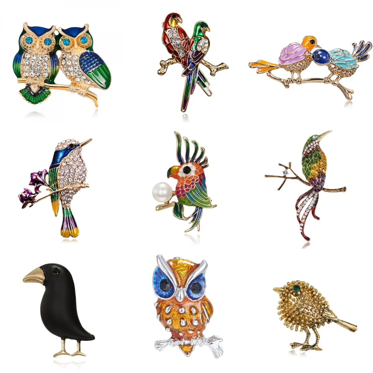 New Cute Vivid Flying Bird Brooch Women Rhinestone Animal Hummingbird Owl Parrot  Enamel Pin Party Banquet Clothing Accessories