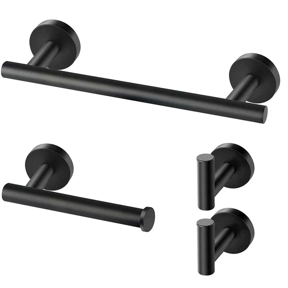 

4 PCS Black Bathroom Accessories Set Stainless Steel Wall Mount Towel Bar, Toilet Paper Holder Robe Hooks