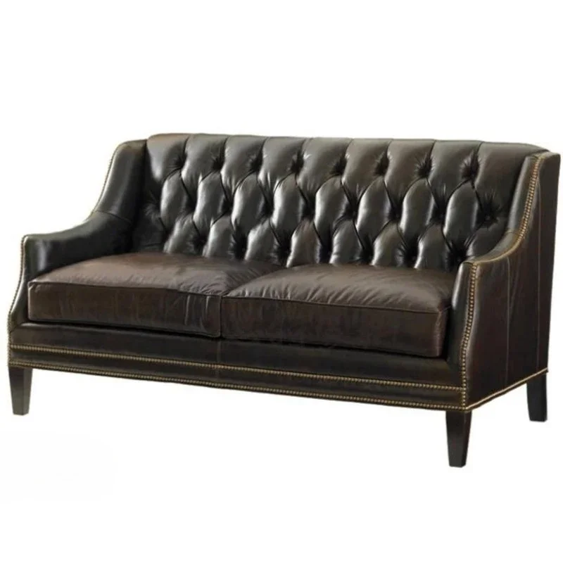 Factory Direct 2026 Retro old high-end leather sofa European hotel living room model room office three-person sofa