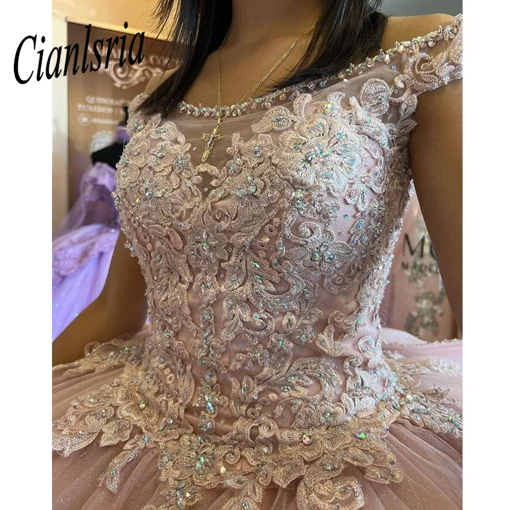 Rosa quinceanera vestidos de baile inchado tule rendas apliques miçangas 2022 novo doce 16 vestidos festa de formatura vestidos com arco