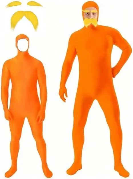 ชุดบอดี้สูทสีส้ม ชุดแฟนซีสีส้ม หนวดและคิ้วสีเหลือง ชุดบอดี้สูทฮาโลวีน ชุดคอสเพลย์สีส้ม