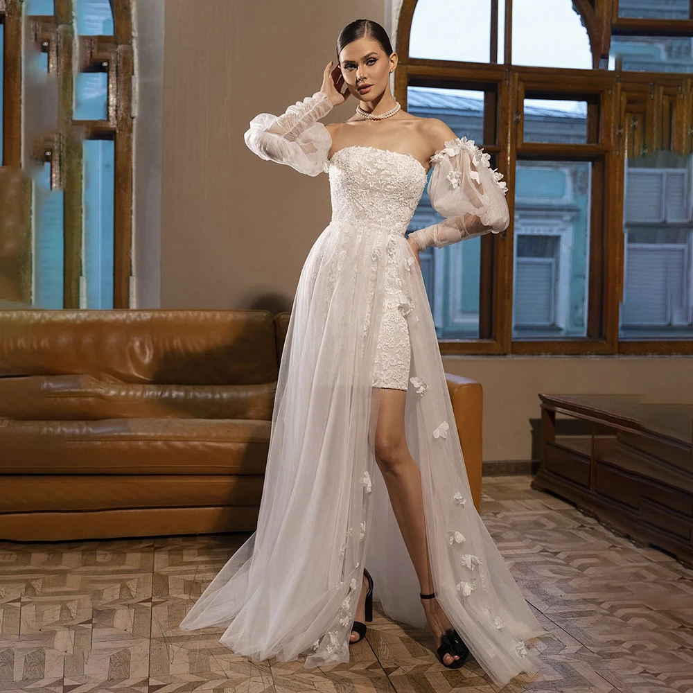 Vestido de novia bohemio con apliques de tubo de dos piezas, vestido de fiesta nupcial con cola desmontable de encaje y manga abombada, hecho a medida