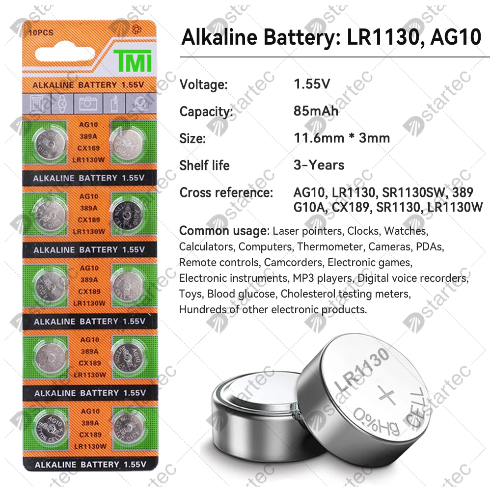 10PCS-300PCS 1.55V AG10 LR1130 SR54 389 189 SR1130 D189 LR54 Button Batteries G10A SR1130SW Cell Coin Watch Toys Remote Battery