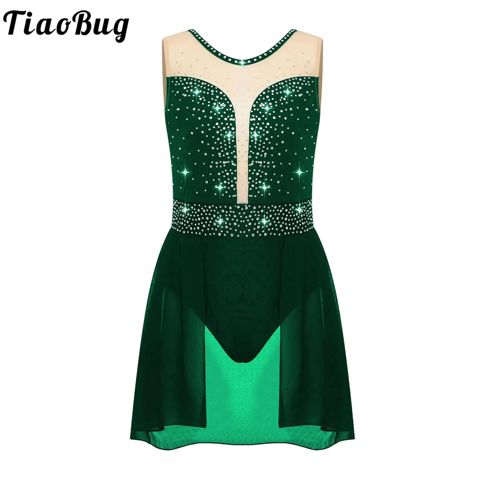 

Rhinestone Gymnastics Figure Skating Dress for Teen Girls Sleeveless Sheer Mesh Tutu Ballet Leotard Lyrical Performance Costume