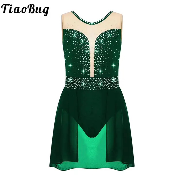 Sukienka do łyżwiarstwa figurowego z Rhinestone gimnastyka dla nastoletnie dziewczyny przezroczysta siateczka Tutu bez rękawów trykot baletowy liryczny kostium Performance