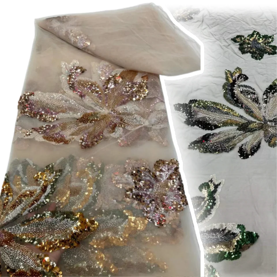 

Luxurious African Beaded Net Mesh Lace Fabric Beads Embroidery Sequins French Tulle Lace for Nigerian Wedding Party Dress AH1280