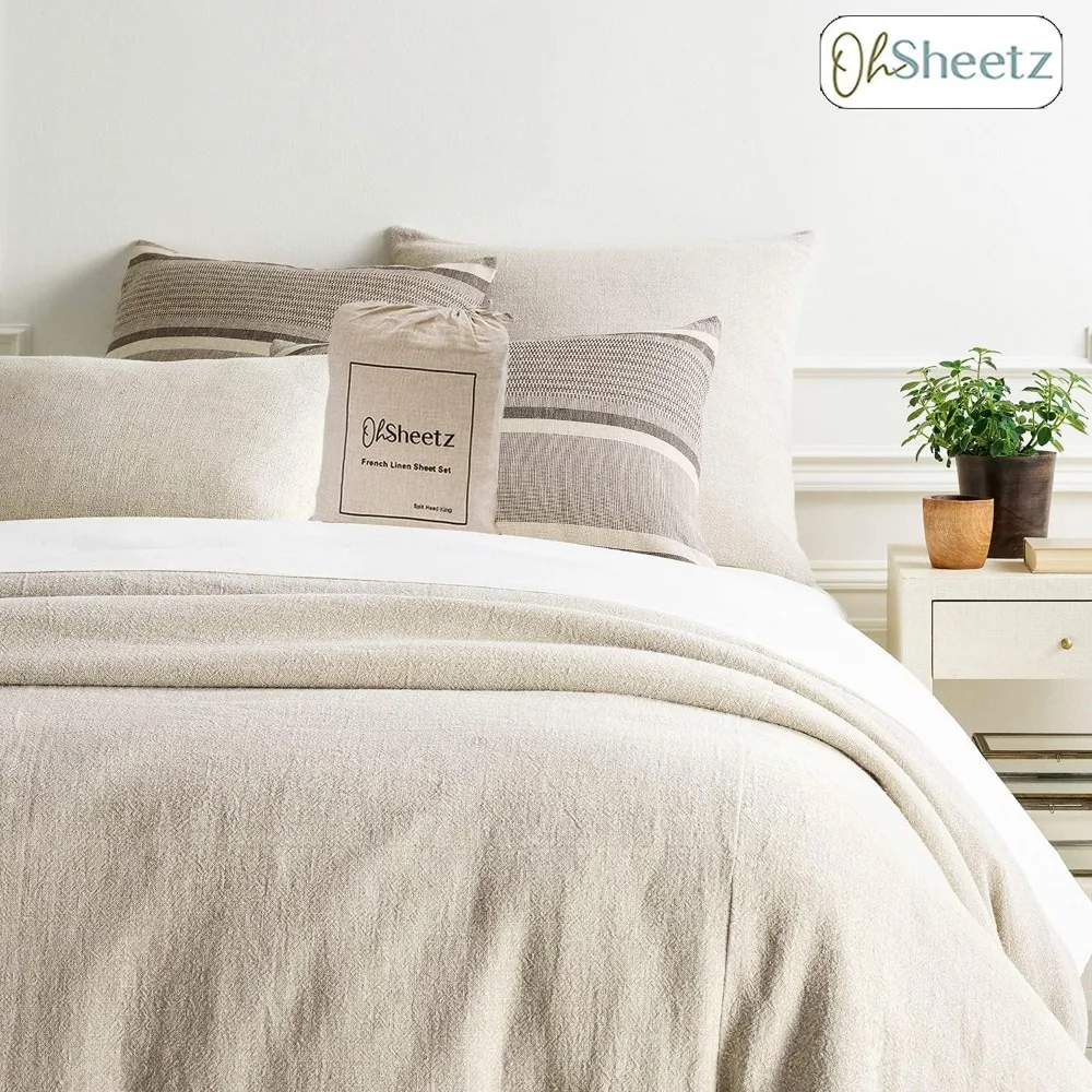 p King French Linen Sheet Set - All Natural Luxury Sheet Set - Split Head Fits Up to 34" & Deep Pocket Fits Up to 15