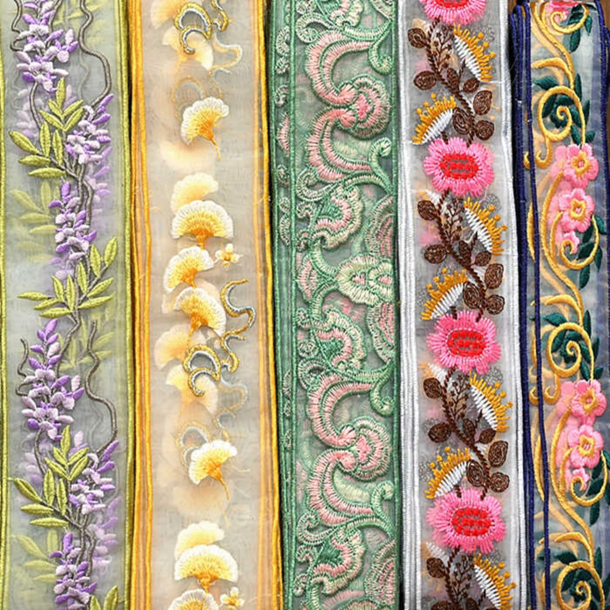 

Colorful Floral Embroidered Organza Trims for Hanfu Ethnic Style DIY – Lace Ribbon Applique for Bags, Hats, Dresses, Costume Cr