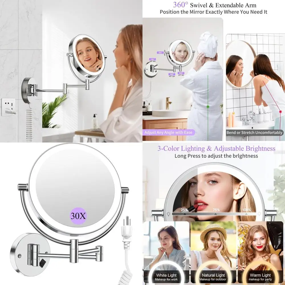 Beleuchteter Kosmetikspiegel mit 30-facher/1-facher Vergrößerung, 3 Farbmodi, dimmbar, 360° °   Dreharm für Badezimmer und Pflege