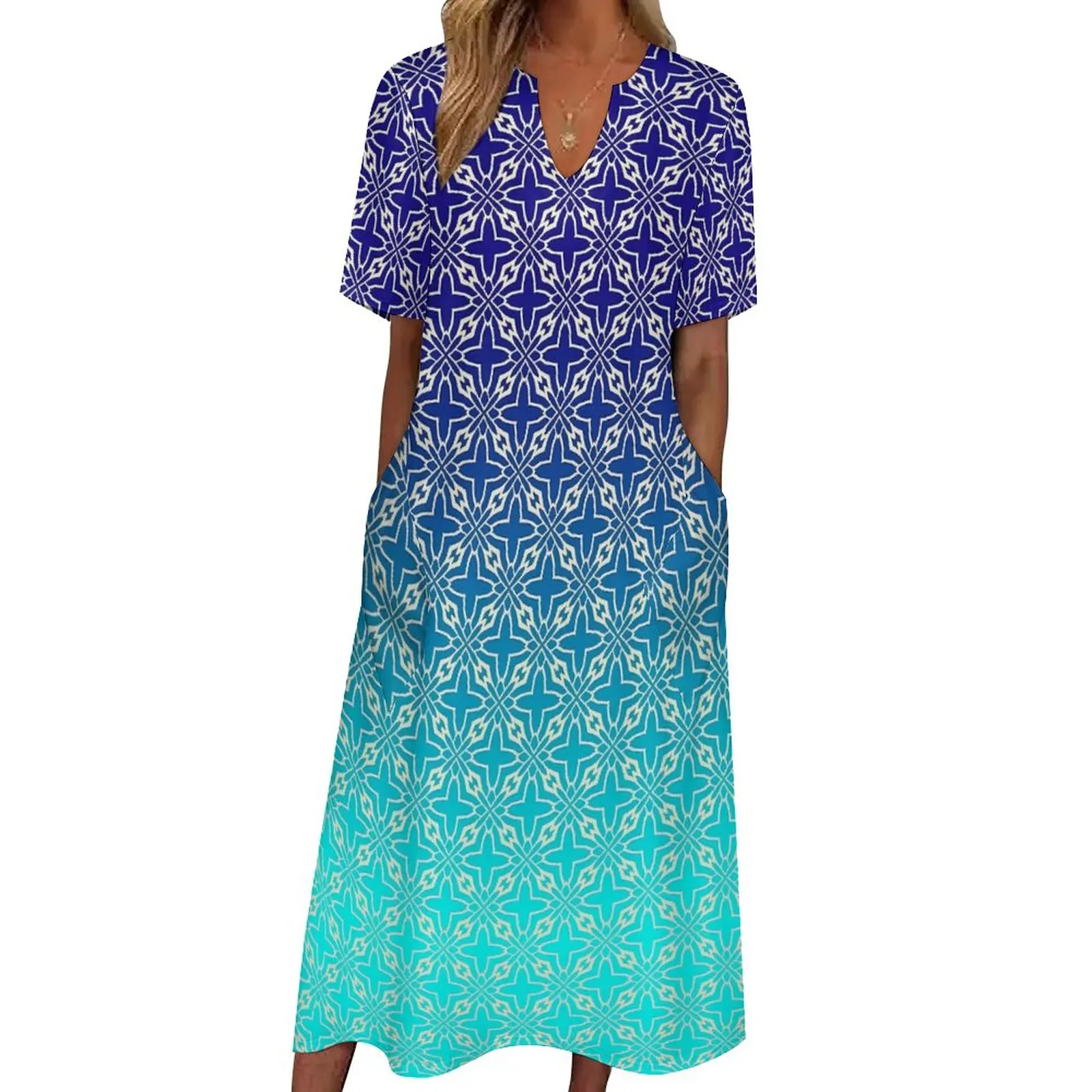 

Vintage Two Tone Dress Blue Green Trendy Maxi Dress V Neck Custom Bohemia Long Dresses Street Fashion Big Size Clothing