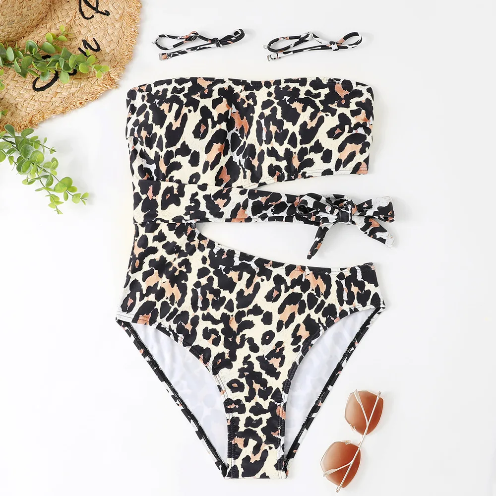 

2024 Sexy Leopard One Piece Swimsuit Women Bandeau Swimwear Cut Out Bathing Suits Beach Wear Monokini Swimming Suit Pool Summer