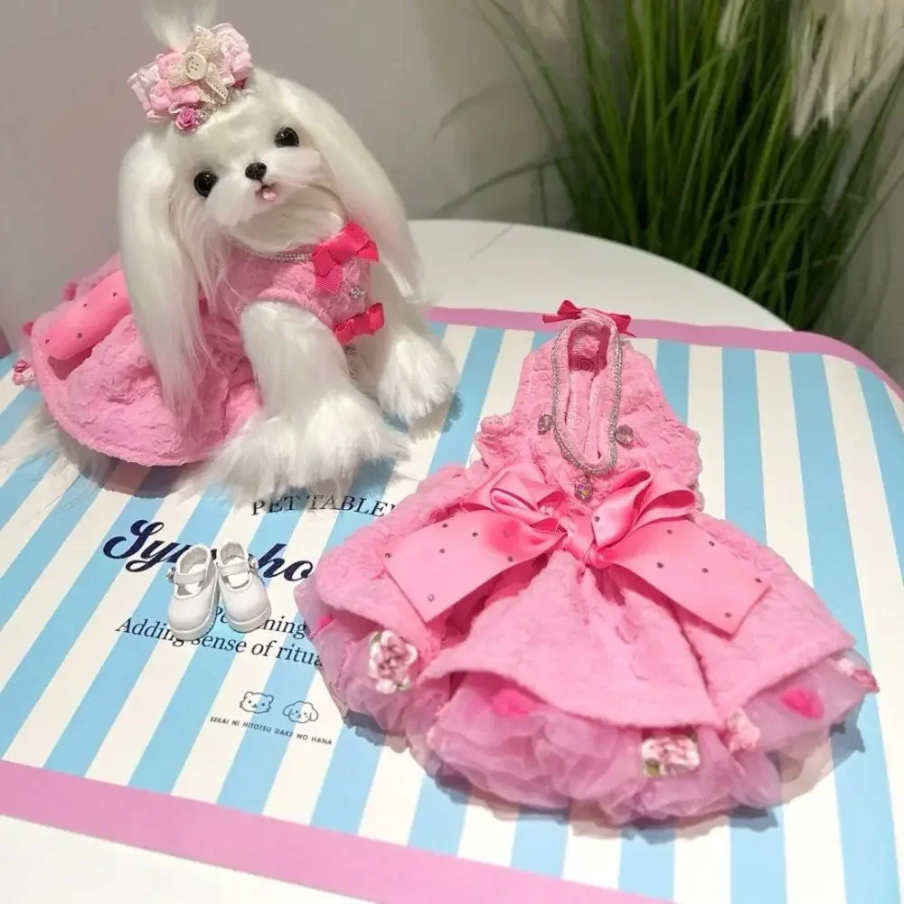 Wedding Dress dog Clothes small for sweet dogs Clothing pet Outfits cute summer Yorkies Print pink girl ropa para perro