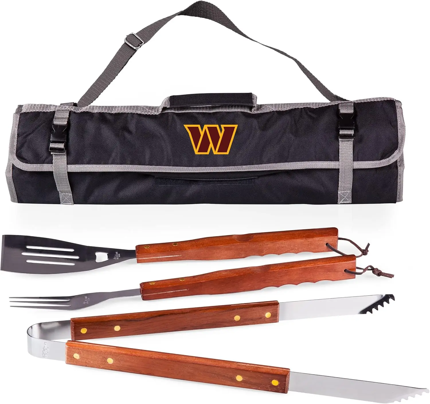 

3-Piece BBQ Tote & Grill Set with Case, Spatula, Fork, Tongs - Black Gray Outdoor Accessories