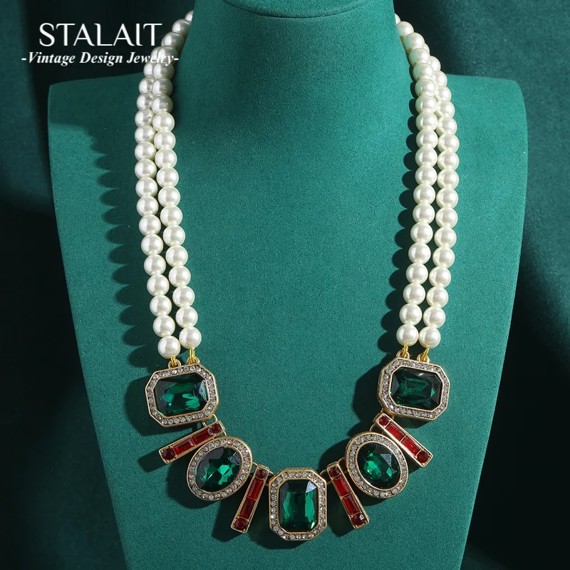 

Vintage Layered Pearl Necklace Jewelry Woman Green Crystal Square Pendant Charm Gold Color Summer Accessories Luxury Designer