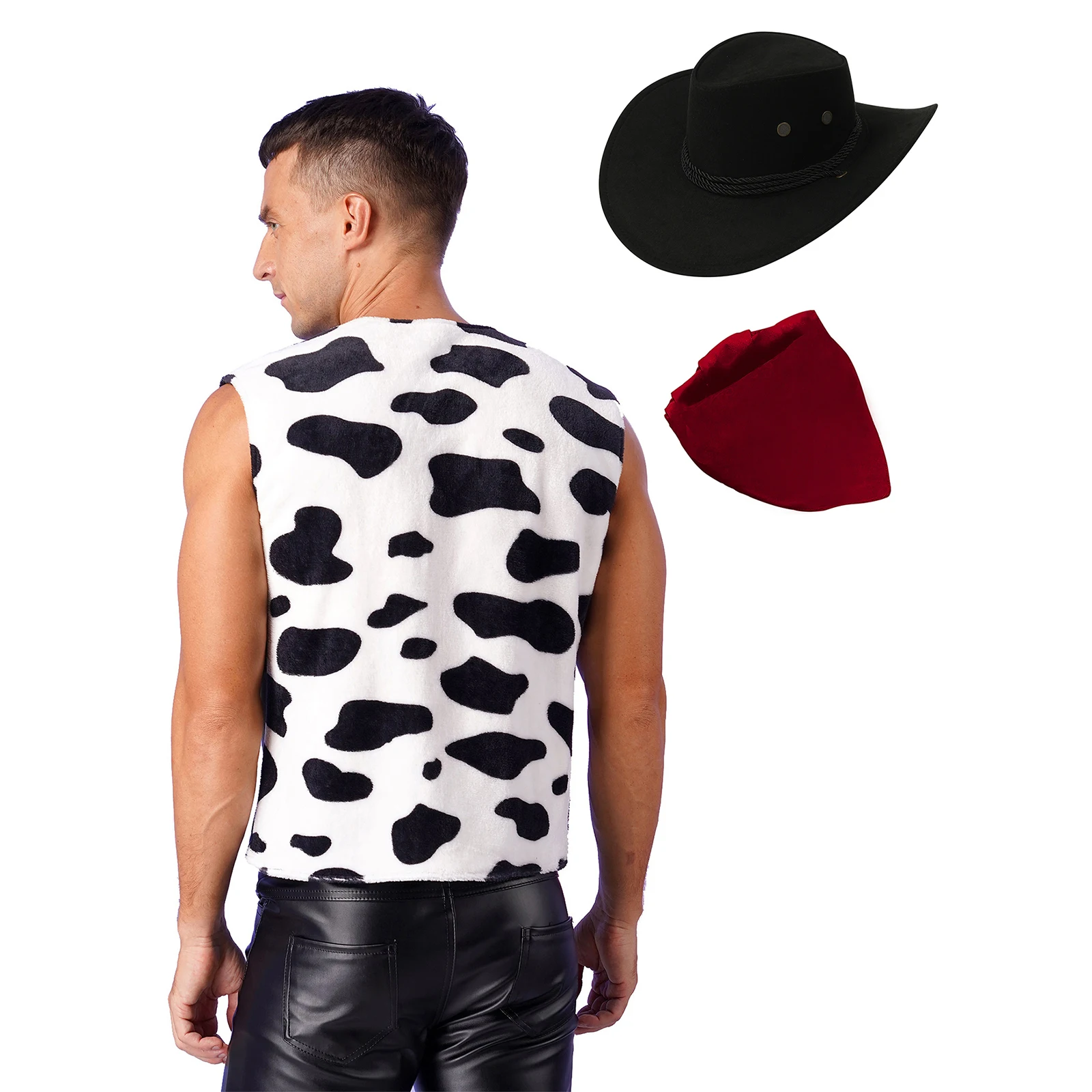 Mens Western Cowboy Cosplay Vest Cow Print Flannel Spliced Cardigan Open Front Tassel Waistcoat Outerwear Halloween Costumes