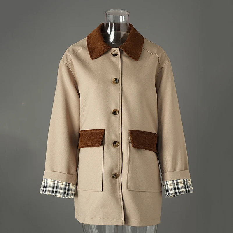 DEAT Fashion Contrast Color Trench Coat Women's Lapel Loose Single Breasted Long Sleeves Plaid Cuff Khaki Windbreaker New CPG274