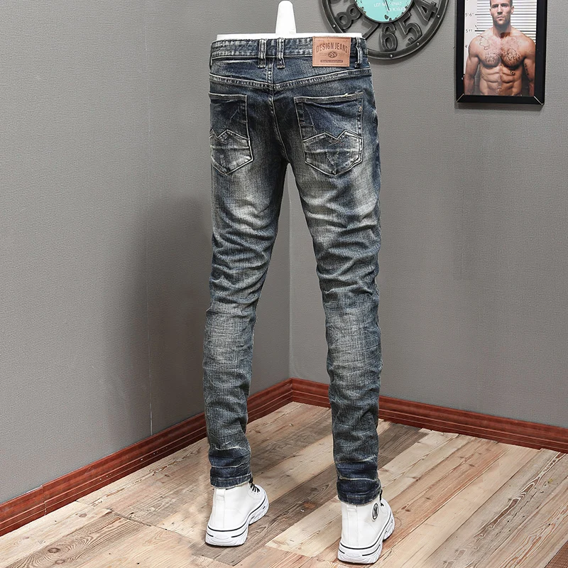 Fashion Designer Men Jeans Retro Blue Elastic Slim Fit Ripped Jeans Men Embroidery Patched Vintage Casual Denim Pants Hombre