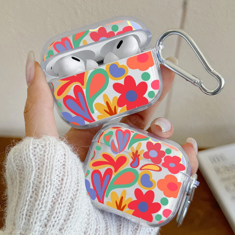 

Cartoon Flower Love Heart Earphone Case for AirPods 4 3 2 1 Pro2 Pro Soft TPU Transparent Headset Protective Cover with Hook