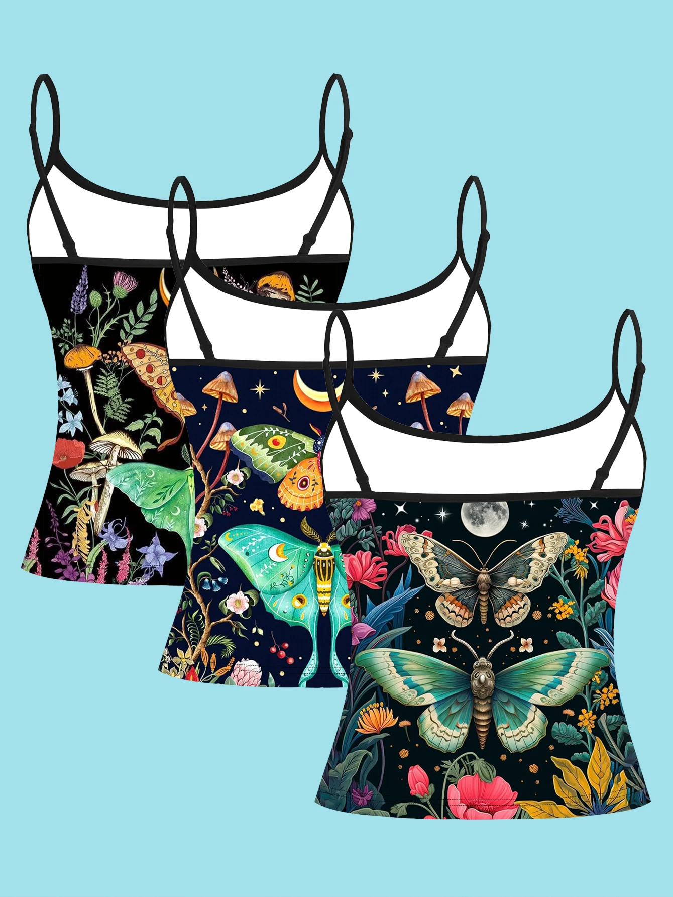 3-Piece Set of Fantasy Forest Mushroom, Moth, Wildflower, and Moon Print Spaghetti Strap Camisole for Women, Mysterious Retro Style Slim-Fit Base Layer Top