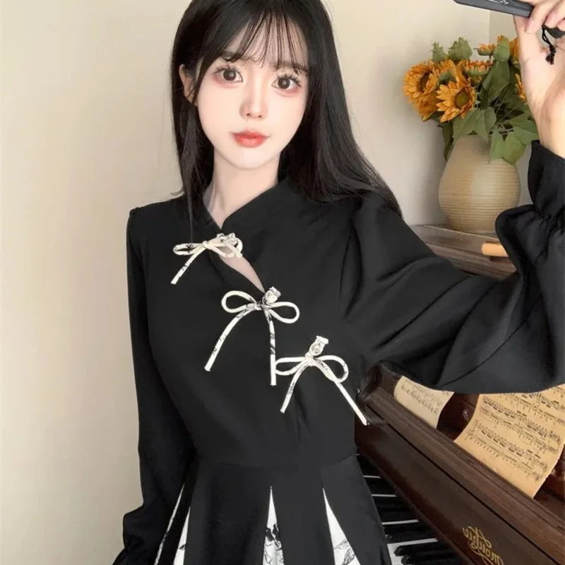 Retro Printed Patchwork Long Dress Women Elegant Chinese Style Vintage Maxi Dresses Streetwear Robe Woman Clothing New