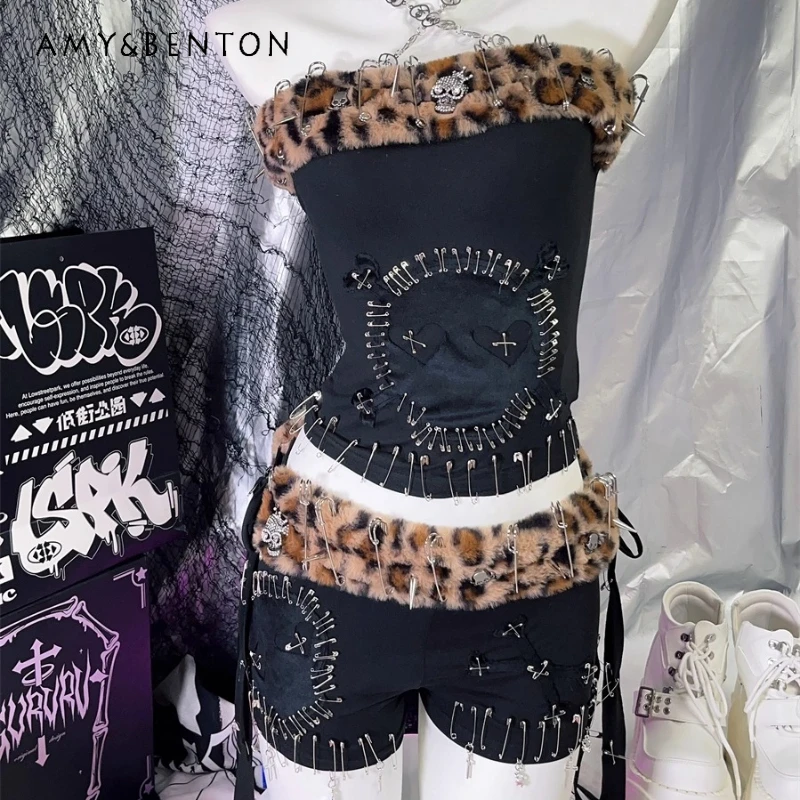 

European American Hot Girl Leopard Print Hairy Edge Splicing Women's Tube Top Vest Punk Dark Sweet Cool Sexy Shorts Set Ladies