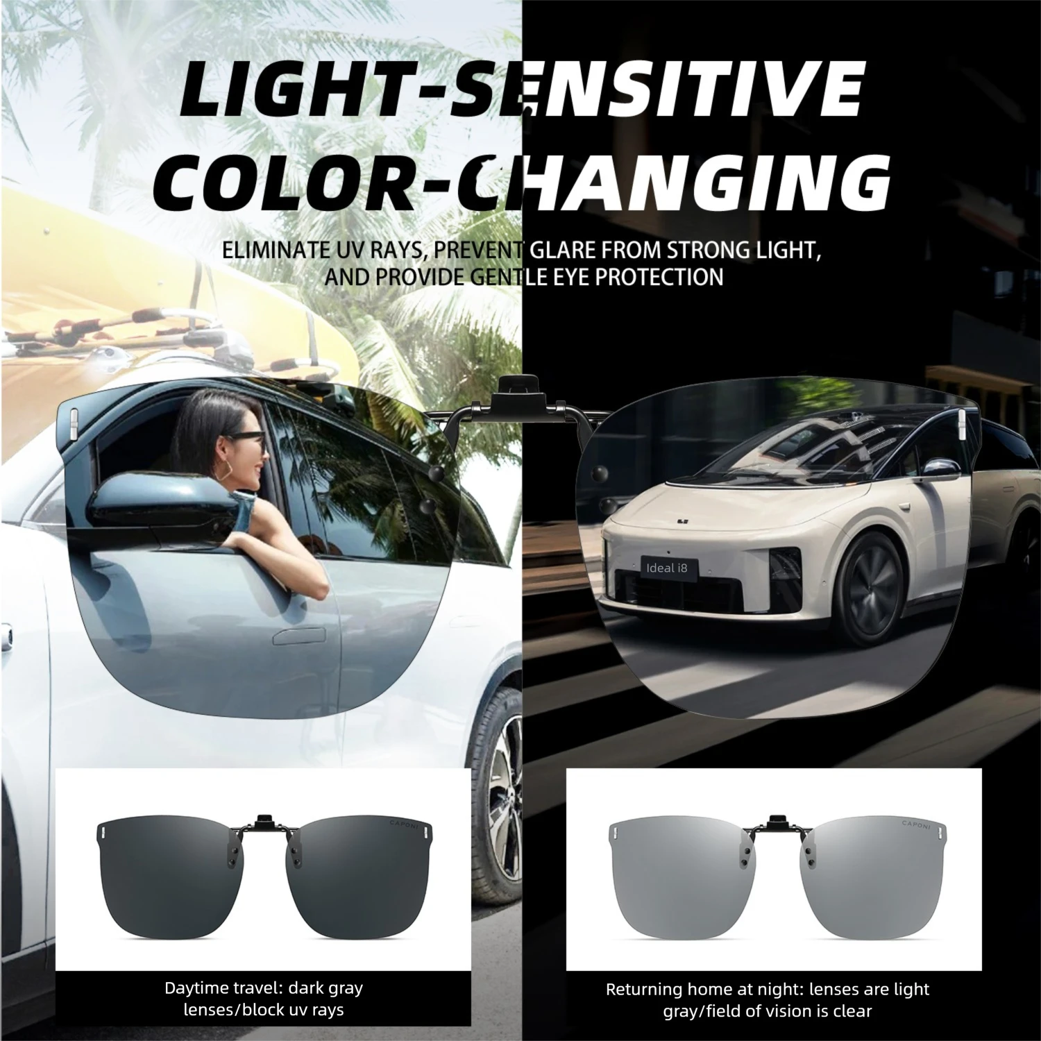 CAPONI Polarized Men Sunglasses Clip Light Square Night Vision Glasses Clip Flipped Up Protect Eyes Light Clip On Frame BS35047