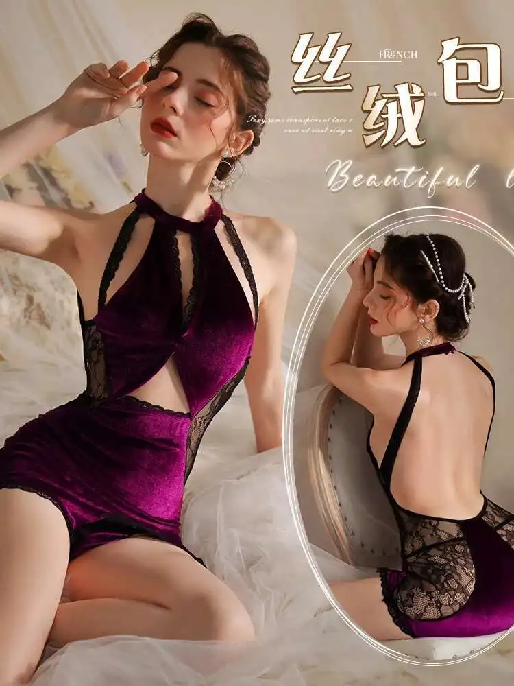 Nuovo Sexy 2025 Appeso Al Collo Backless Lace Splicing Velluto Trasparente Abito Viola Donne Cinching Vita Sottile Avvolgente Anca Abito Corto R9QX