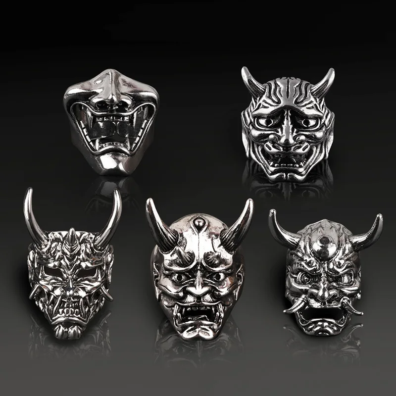 Gothic Skull Mask Ring Japanese Prajna Ghost Hip Hop Rock Punk Jewelry Gift for Men Women Trendy Rings Resizable