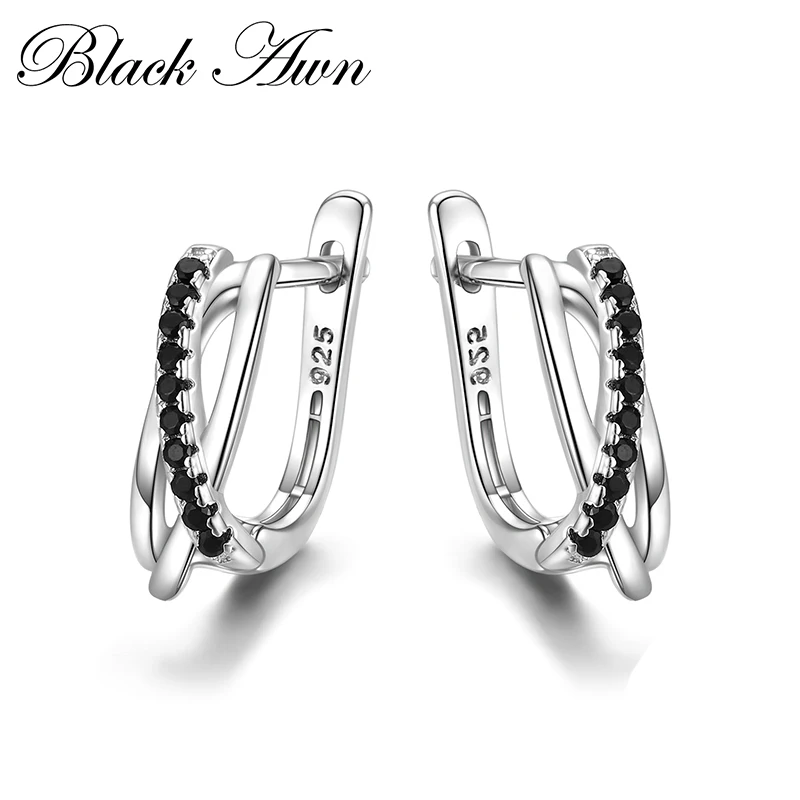 

[BLACK AWN] Silver Color Earrings Hoop Earrings for Women Black Spinel Fashion Jewelry I023