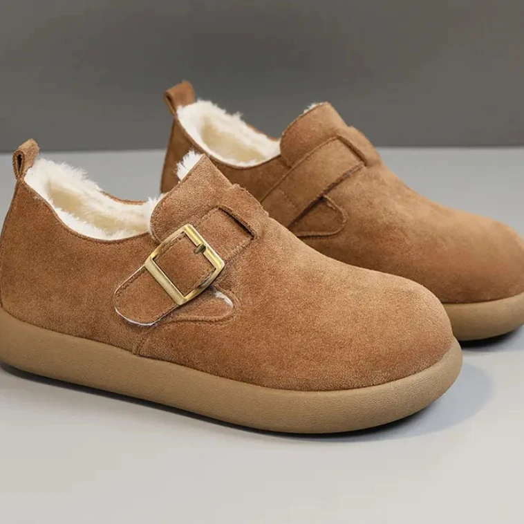 

2026 Winter New Genuine Leather Pure Wool Warm Flat Shoes Solid Color Round Toe Thickened Women's Cotton Shoes