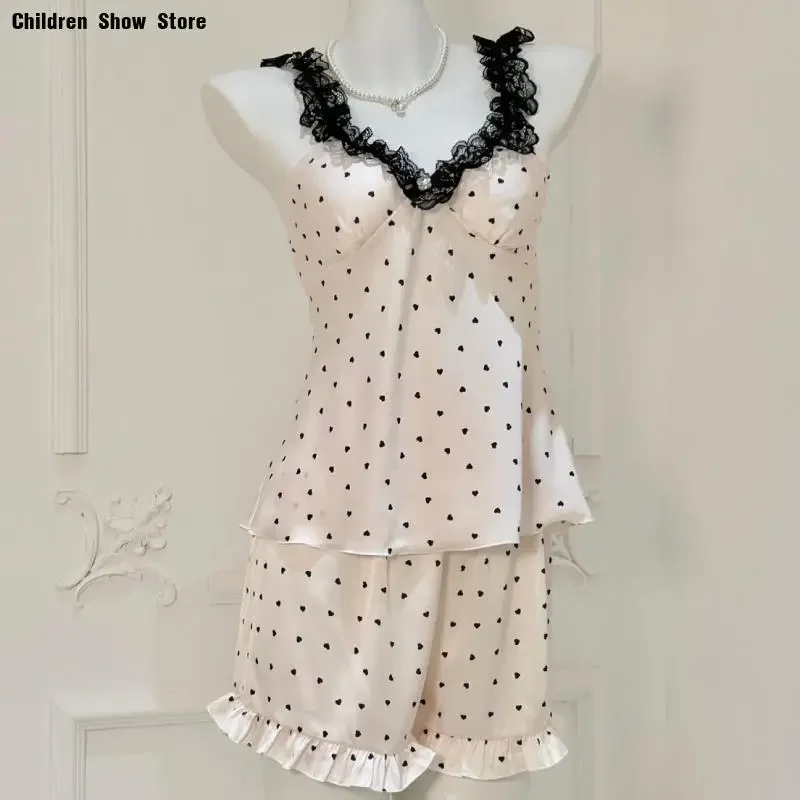 

Black Ruffles Tirm Strapless Top Shorts 2Pcs Loungewear Satin Print Pajamas Suit Lady Summer New Sleepewar Lingerie Nightgown
