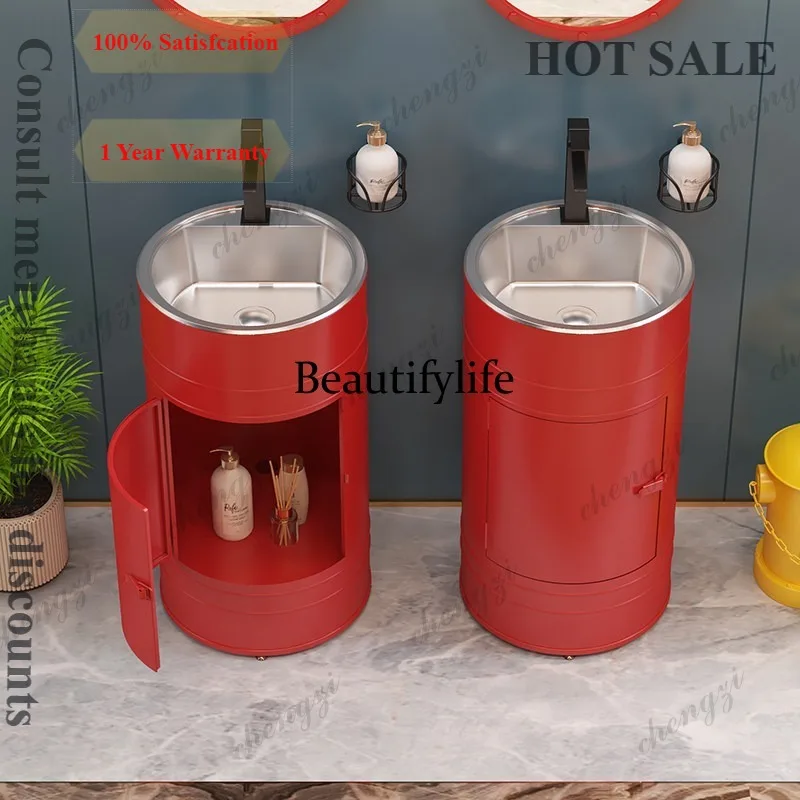 D1089 industrial wind round stainless steel wash basin retro commercial column washbasin balcony integrated floor basin