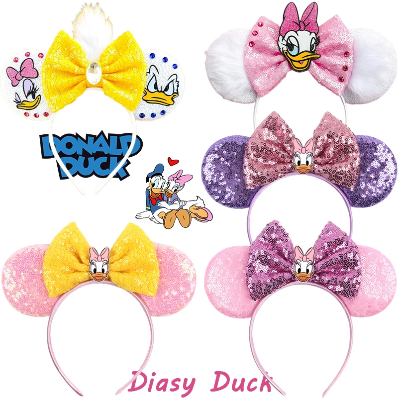 

Cute Disney Daisy Duck Hairband Girl Sequins Bow Hair Accessories Women Cartoon Donald Ears Headband For Kids Cosplay Party Gift