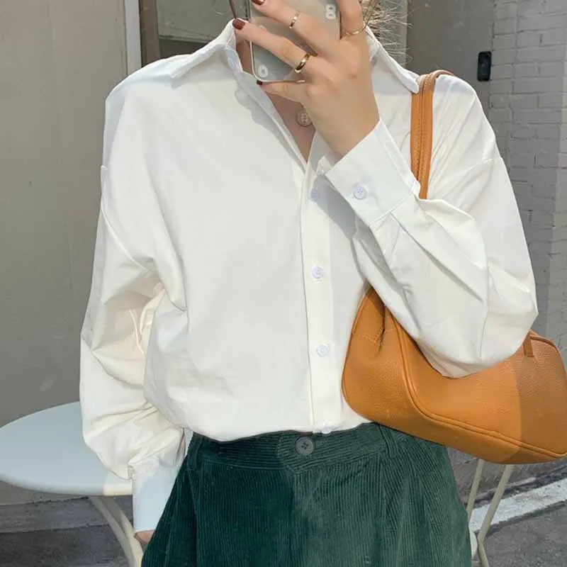 

Spring Autumn Annals New Female Solid Color Versatile Leisure Lapel Collar Shirt Women Orange Whitening Mid Length Version Shirt