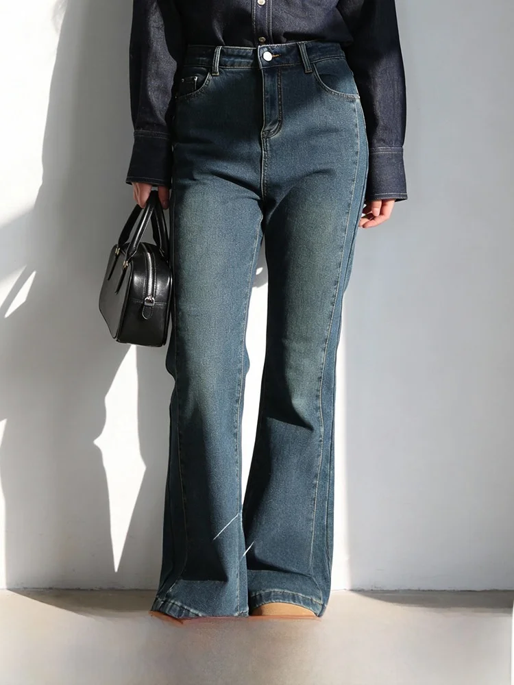 

Джинсы-клеш женские больших размеров, ретро-синие, эластичные, с эффектом утягивания, с высокой талией, для повседневной носки, зимняя мода