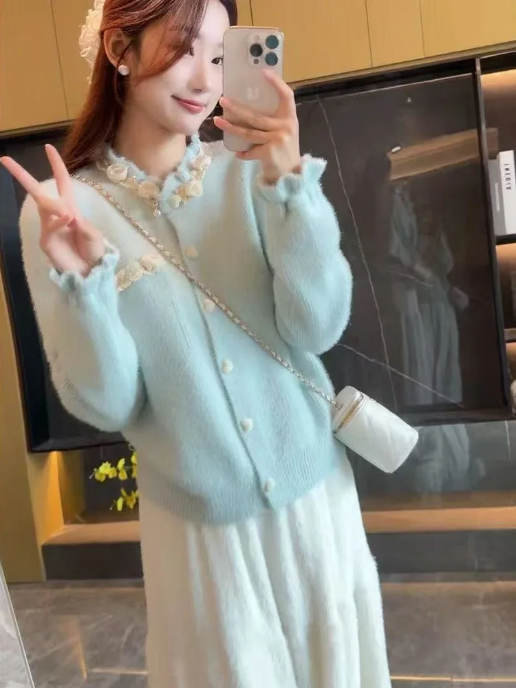 

Синий вязаный кардиган с кружевным цветочным воротником для женщин, весна 2026, Ele Sweet, мягкий трикотаж средней плотности, верхняя одежда