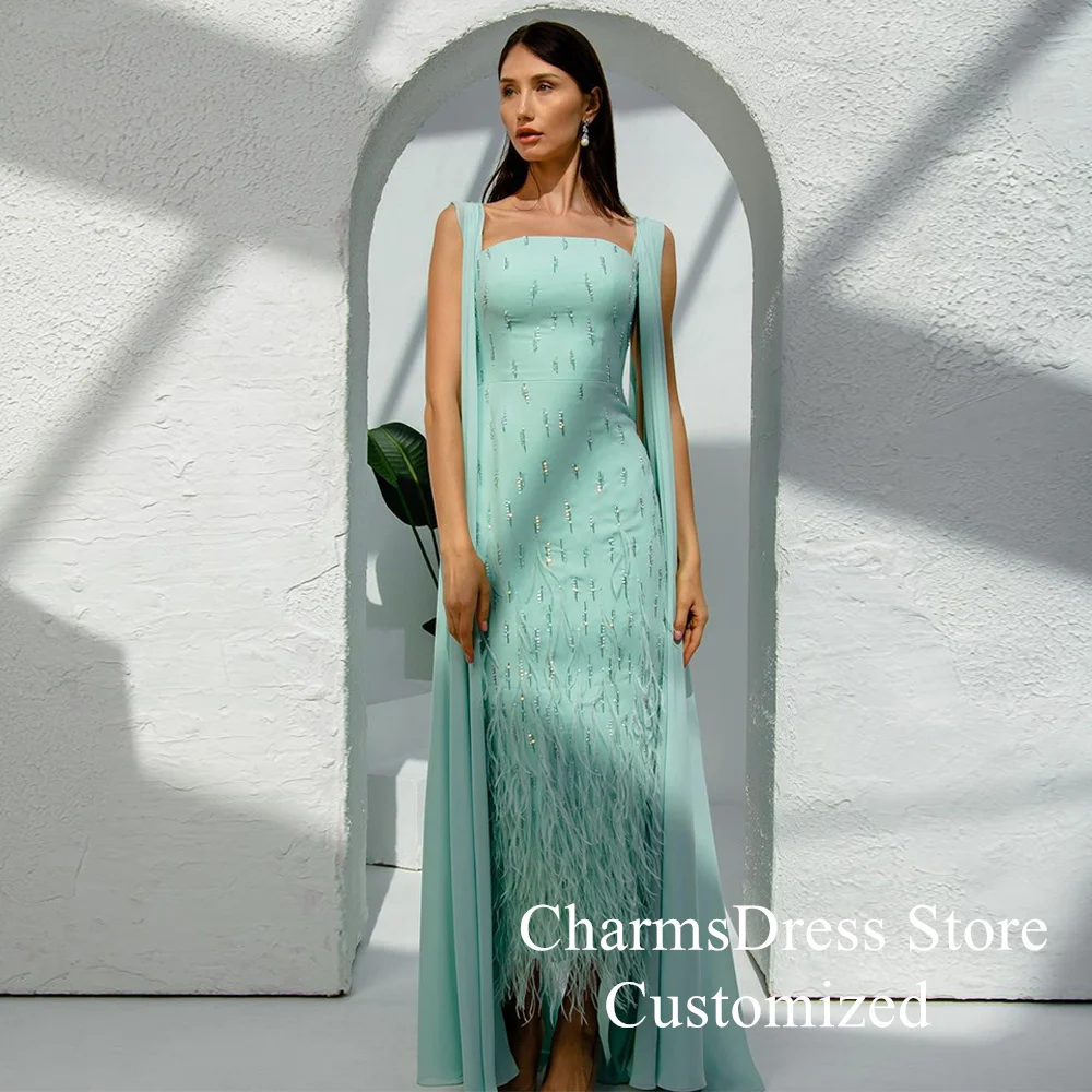 Mintfarbenes Abendkleid, maßgeschneidert, quadratischer Ausschnitt, ärmellos, mit Perlen verziert, Federn, knöchellang, arabisches Partykleid, gerade Ballkleider