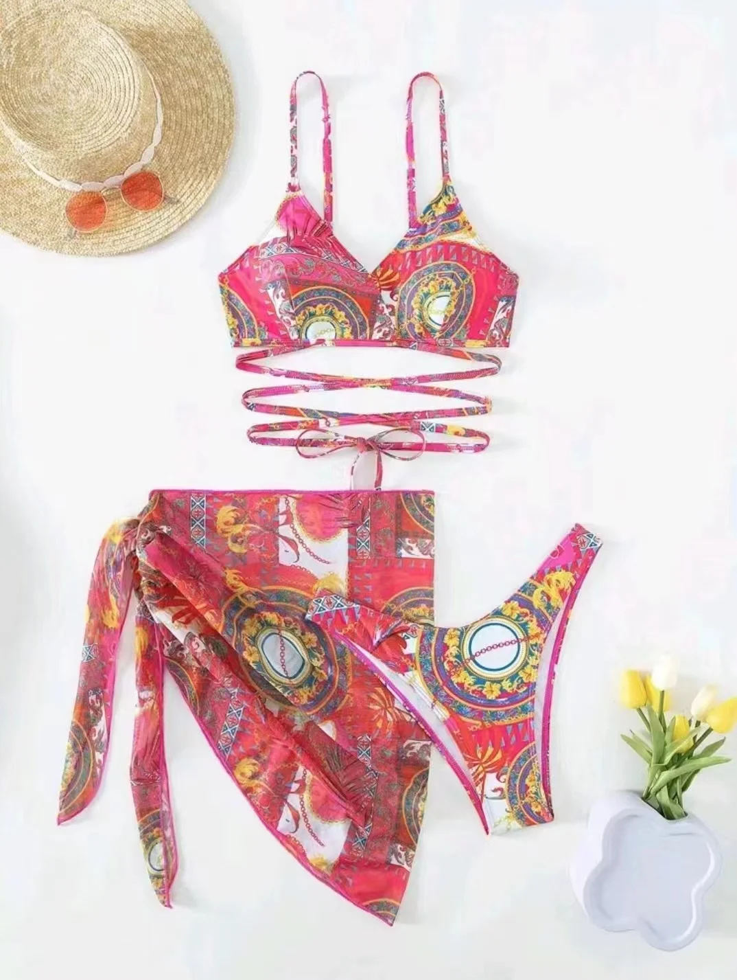 3 Pieces String Bikinis 2026 Women Sexy Swimsuit With Skirt Printed Swimwear Female Bathers Bathing Swimming Swim Suit Beachwear