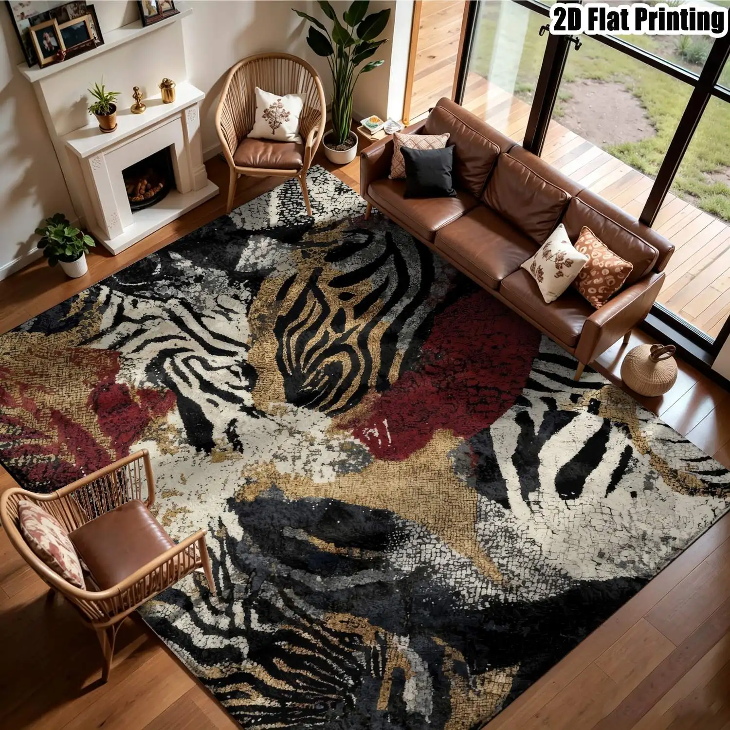 1Pc 2D Printed Carpet: Red, Black, Gold Zebra Abstract Art Patterns Vintage, European, Modern Minimalist Geometric Striped Home Decor Carpet, Multi-Size, Machine Washable, Suitable for Living Room, Bedroom, Dining Room, Entryway, Study.